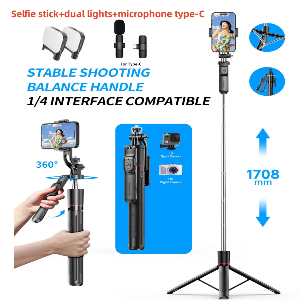 MEUYAG Selfie Stick Tripod with 1708mm Long Monopod Fill Light, Bluetooth Remote, 360° Rotation, 1/4 Interface, for mobile phone