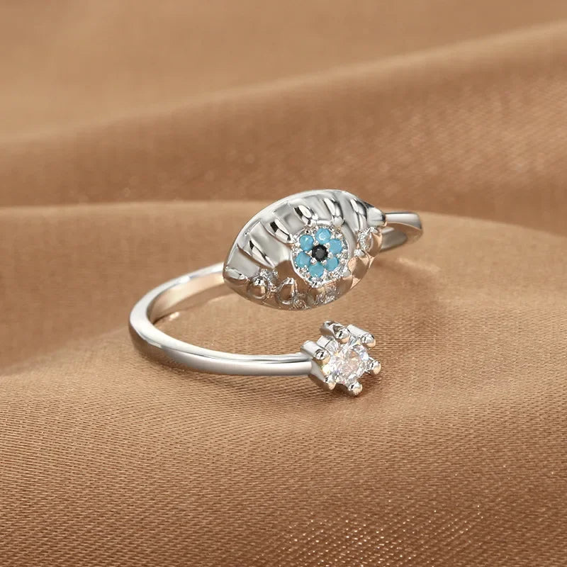 YILUOCD Hamsa Fatima's Hand Open Rings Turkish Blue Cubic Zircon Evil Eye Ring Protection Amulet Islamic Jewish Jewelry