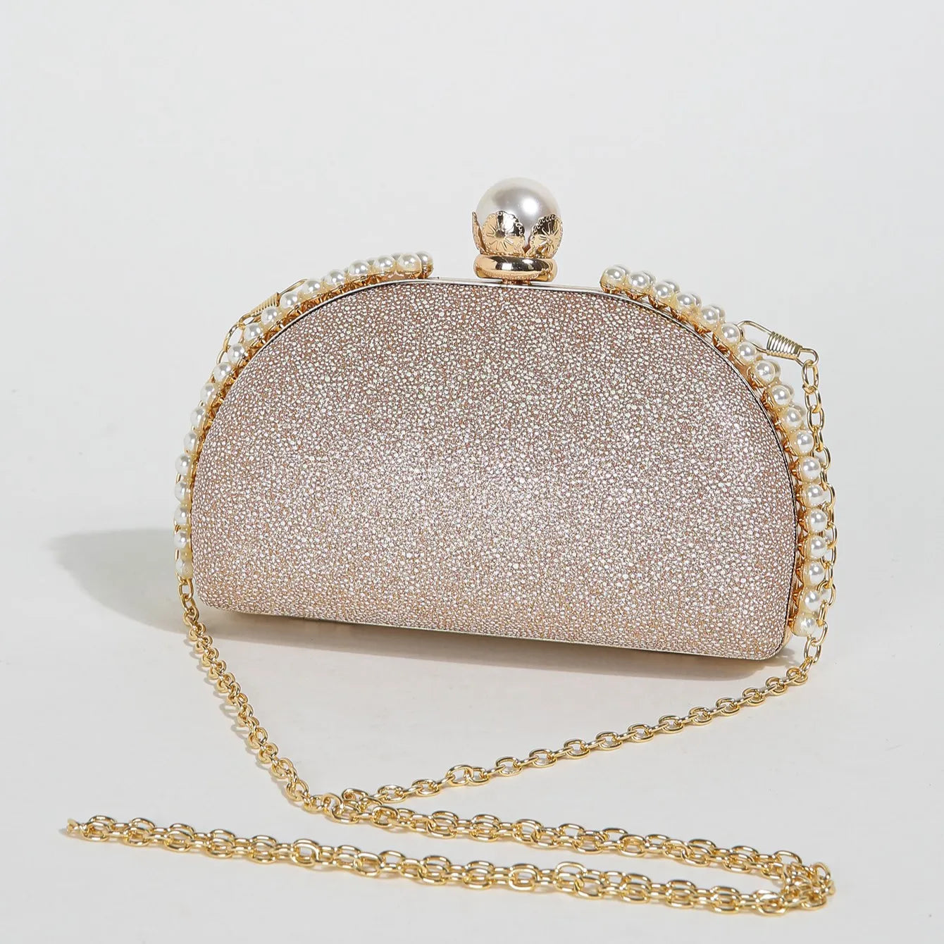 1PC Luxury Faux Pearl Decor Evening Bag,Big Faux Pearl Closure Sparkling Women's Clutch Purse For Wedding Prom Party