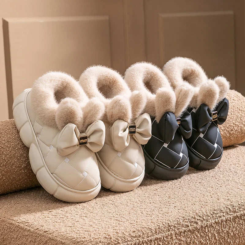 Thick soled bag with cotton slippers, women's winter new fashion bow with plush warm and waterproof snow boots for outdoor wear