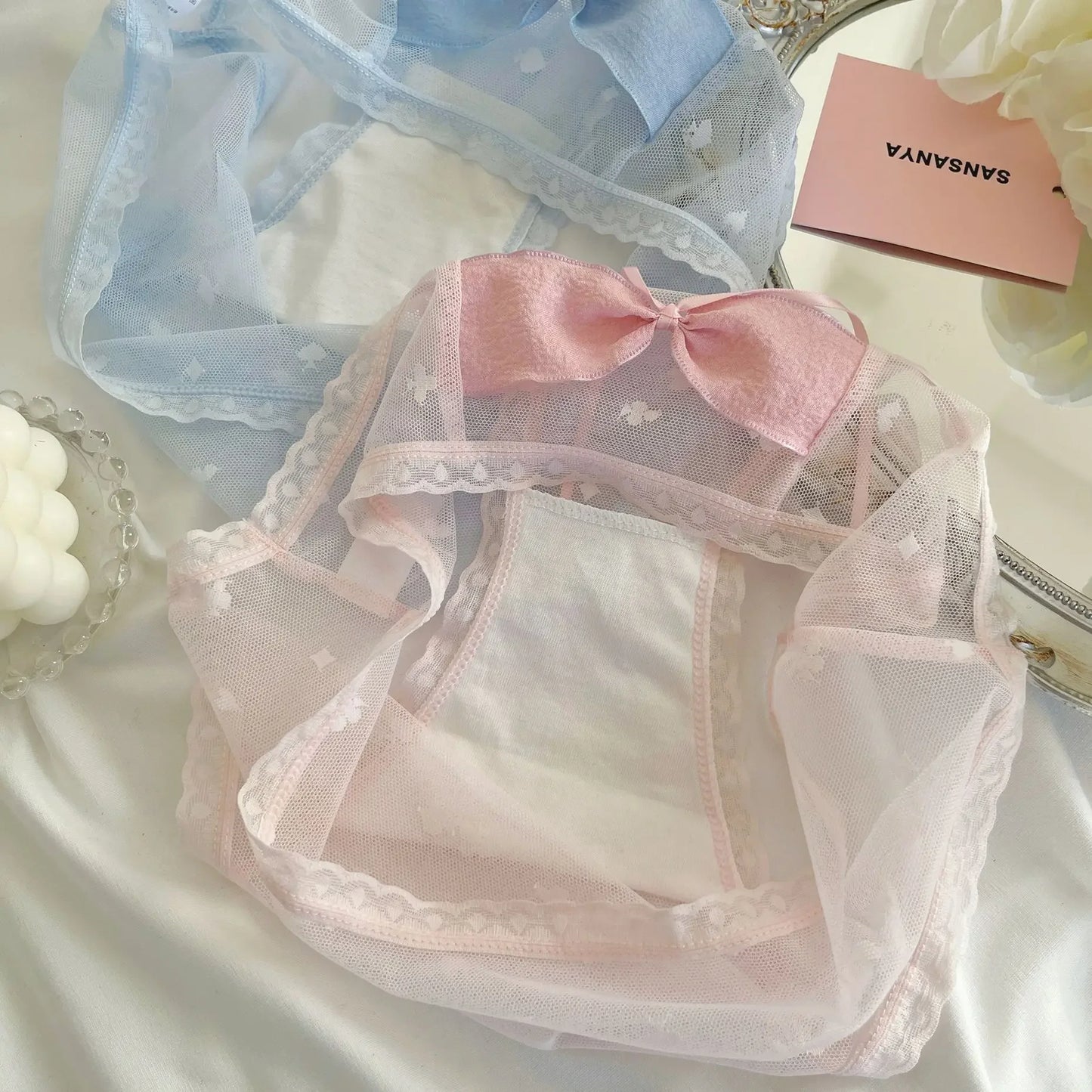 Pure Desire Sexy Lace Briefs Girls Underwear Netting Seamless Butt Covering Mid Waist Design Cute Butterfly Knot Women's Panties