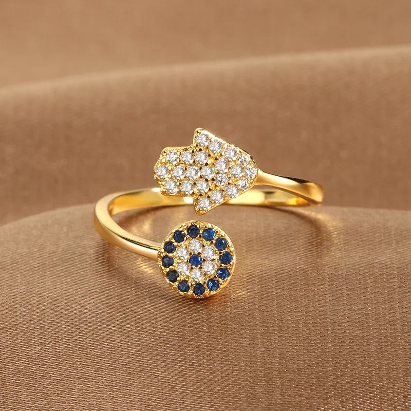 YILUOCD Hamsa Fatima's Hand Open Rings Turkish Blue Cubic Zircon Evil Eye Ring Protection Amulet Islamic Jewish Jewelry