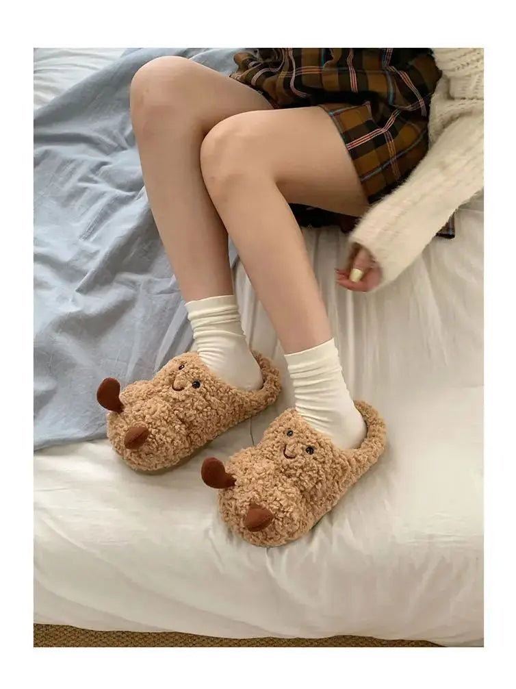 Creative and Fun Peanut-Shaped Home Warm Cotton Slippers for Women, Ins-Style Plush Non-Slip Winter Indoor Ladies' Slippers