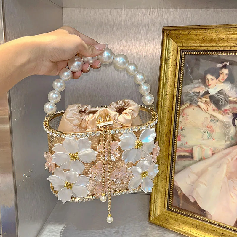 Hollow Out Metal Cage Handbag Women's Flower Clutch Purse Crystal Shiny Rhinestone Diamond Evening Bag Wedding Party