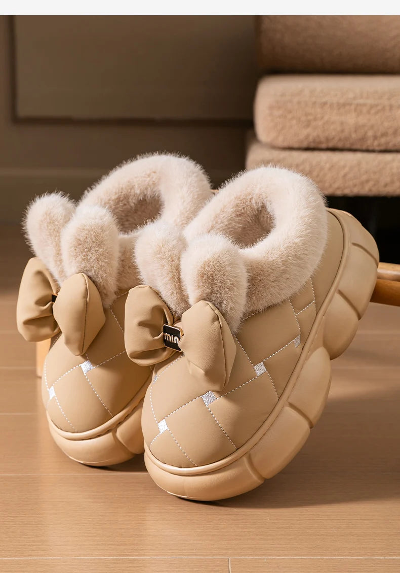 Thick soled bag with cotton slippers, women's winter new fashion bow with plush warm and waterproof snow boots for outdoor wear