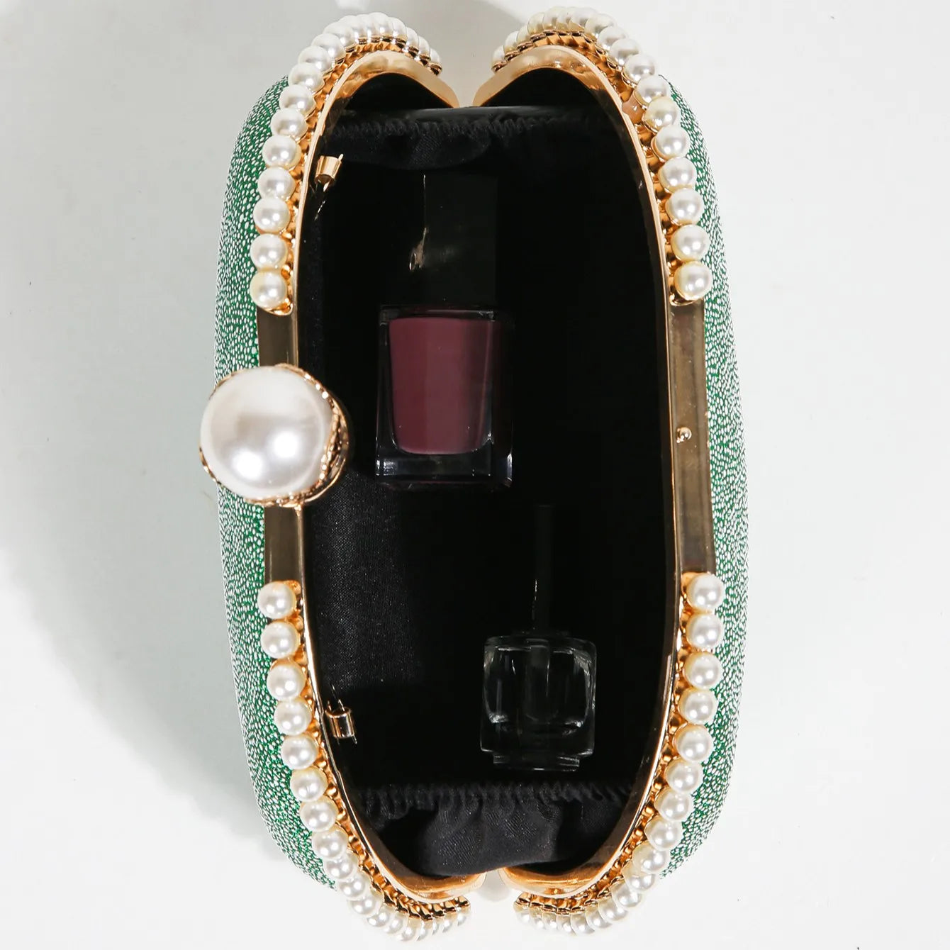 1PC Luxury Faux Pearl Decor Evening Bag,Big Faux Pearl Closure Sparkling Women's Clutch Purse For Wedding Prom Party