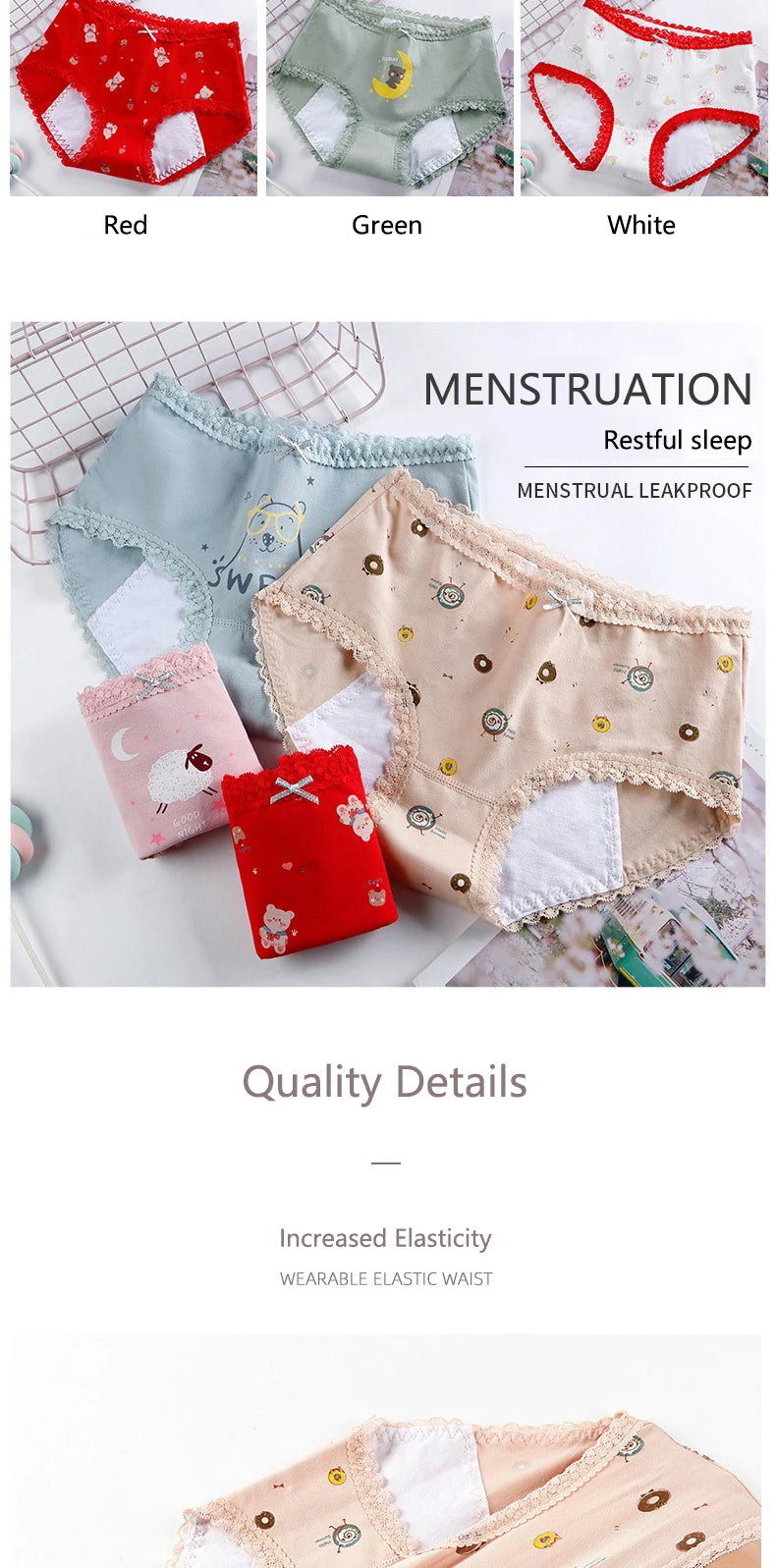 3pcs Menstrual Panties Girls Mid Waist Cartoon Bear Cotton Period Briefs Soft Leak proof Absorbent Incontinence Underwear S-XL