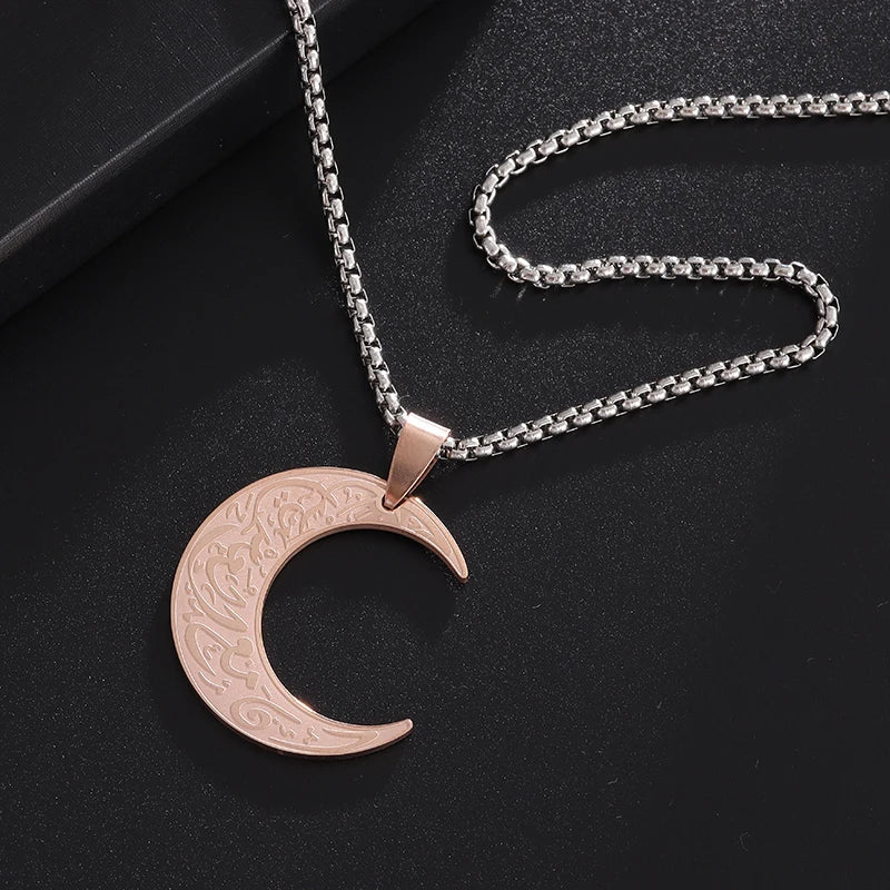 Ayatul Kursi Arabic Religious Moon Pendant Necklace for Women God Messager Islam Muslim Stainless Steel Jewelry