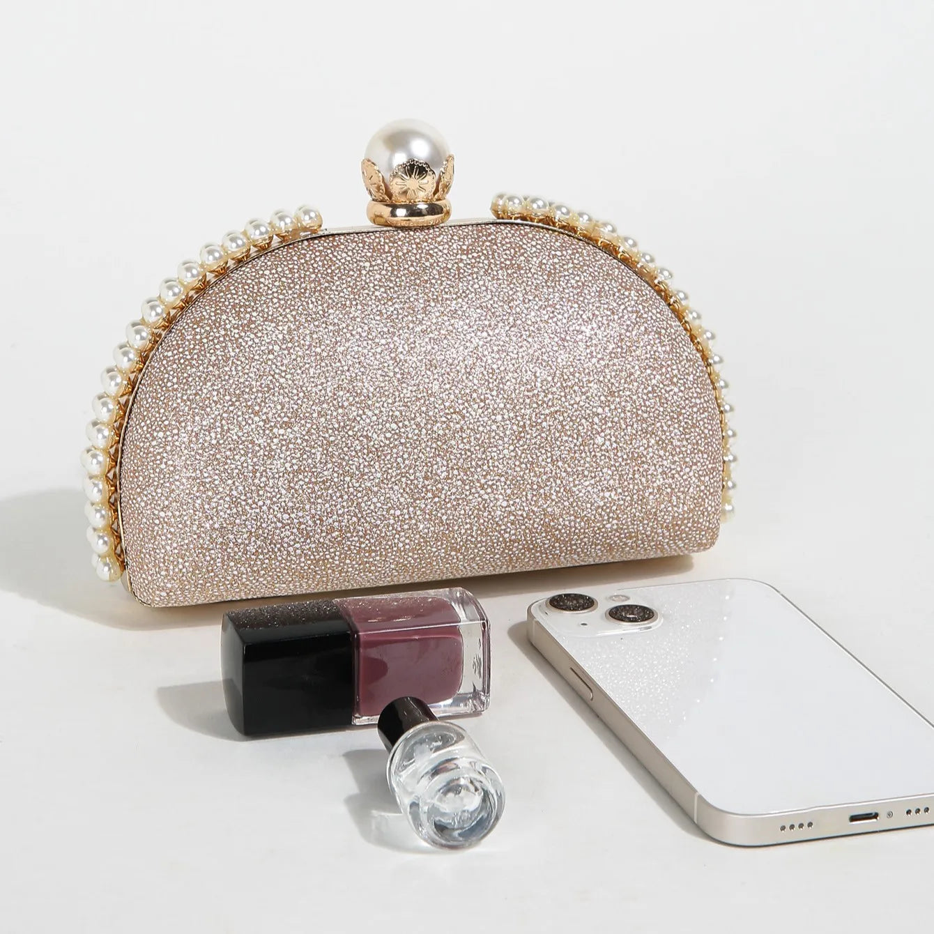 1PC Luxury Faux Pearl Decor Evening Bag,Big Faux Pearl Closure Sparkling Women's Clutch Purse For Wedding Prom Party