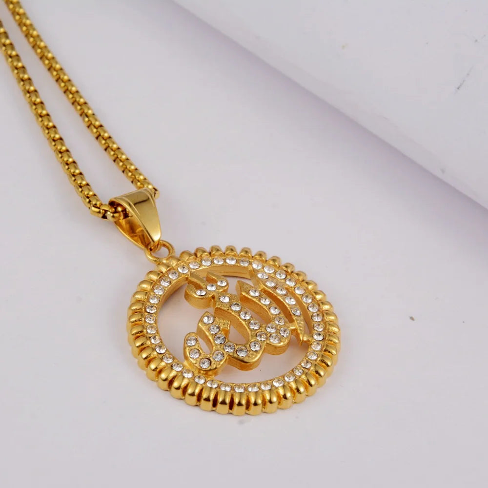 Hip Hop Iced Out Islamic Muslim Allah Pendant Gold Color Stainless Steel Round Necklace For Men Women Islam Jewelry Gift 2025