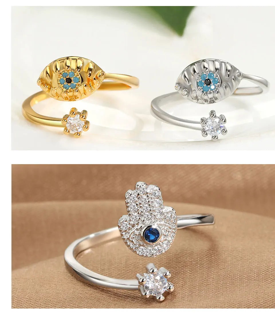 YILUOCD Hamsa Fatima's Hand Open Rings Turkish Blue Cubic Zircon Evil Eye Ring Protection Amulet Islamic Jewish Jewelry