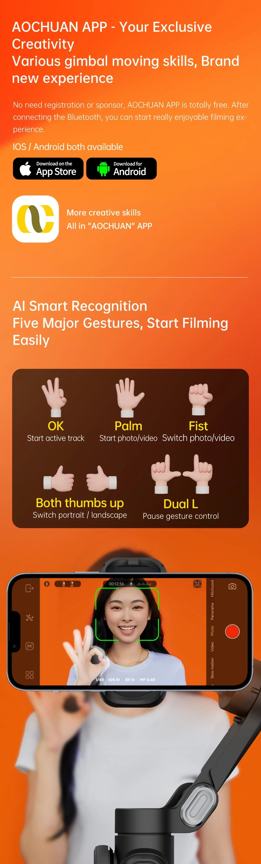 AOCHUAN 3-Axis Handheld Gimbal Stabilizer for Smartphone with Fill Light for iPhone Android Face Tracking Vlog Smart XE