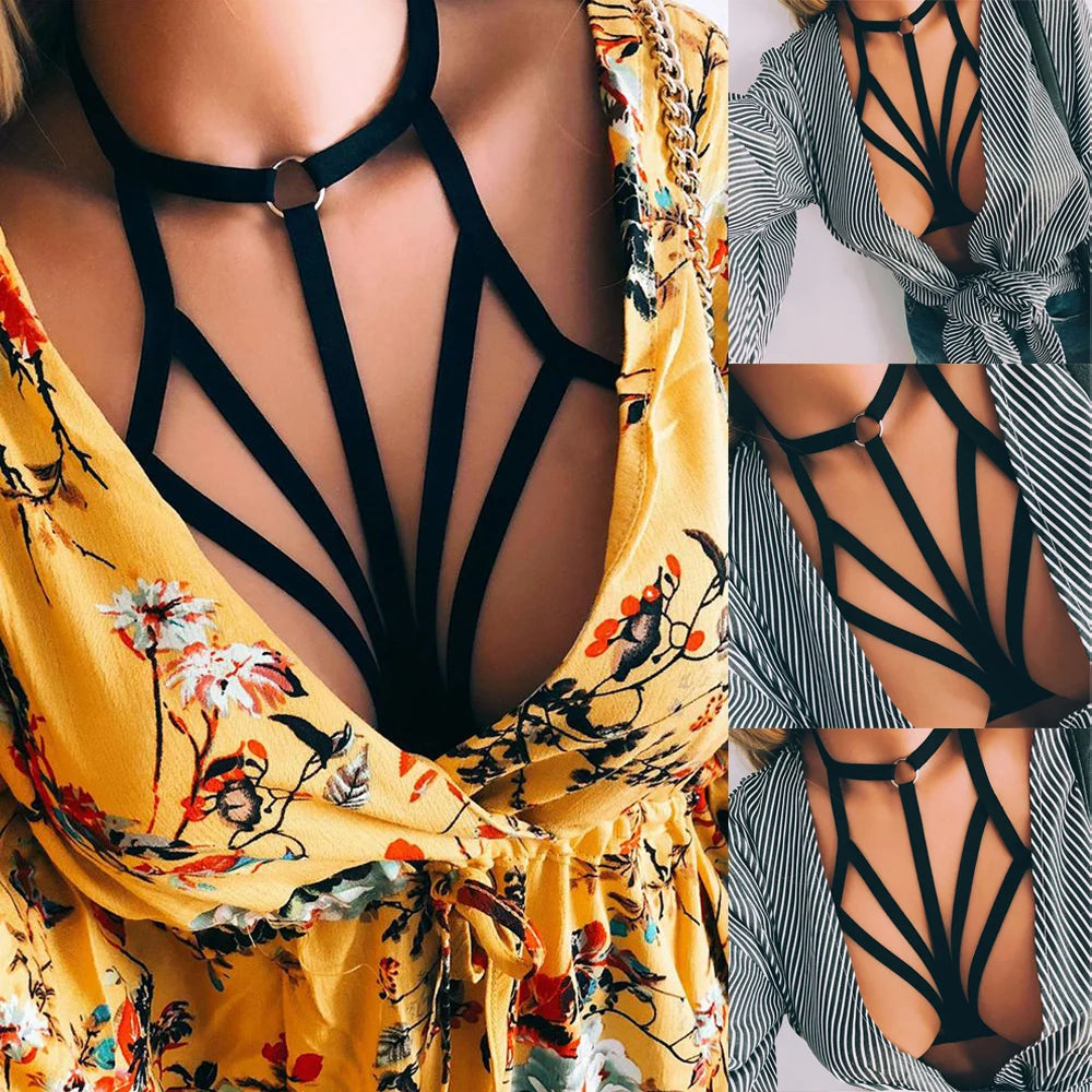 Women Goth Sexy Elastic Harness Bandage Bustier Hollow Cage Bra Tops Bralette Lingerie Tanks Lady See Through Exotic Apparel