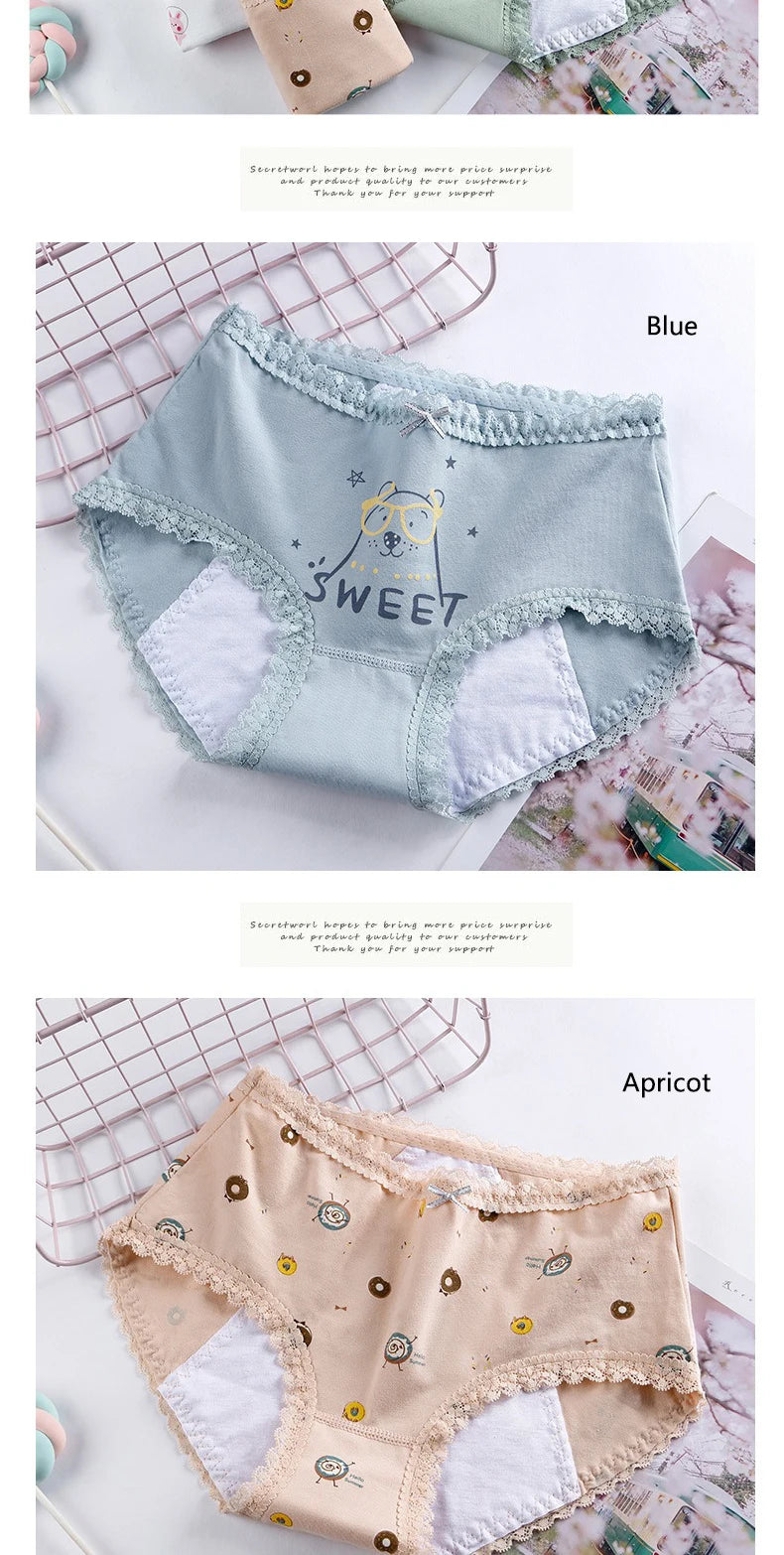 3pcs Menstrual Panties Girls Mid Waist Cartoon Bear Cotton Period Briefs Soft Leak proof Absorbent Incontinence Underwear S-XL