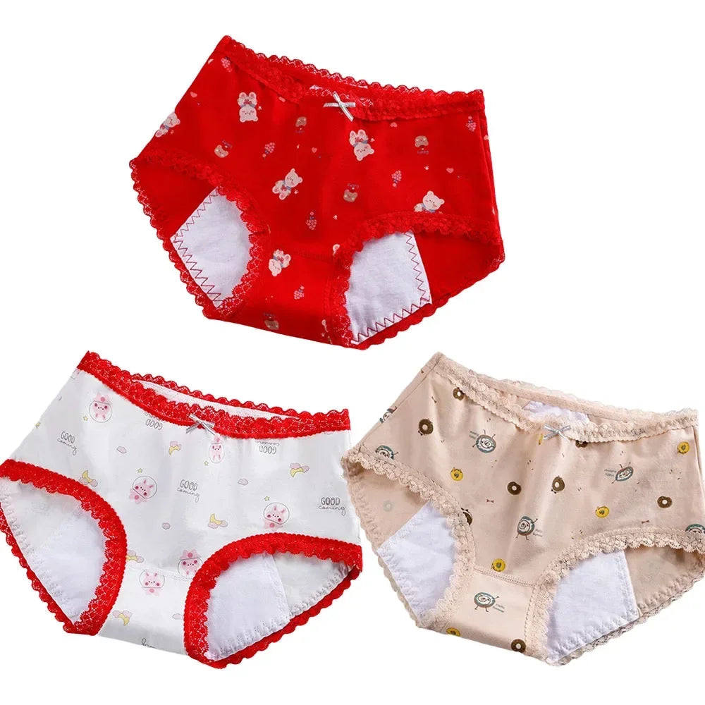 3pcs Menstrual Panties Girls Mid Waist Cartoon Bear Cotton Period Briefs Soft Leak proof Absorbent Incontinence Underwear S-XL