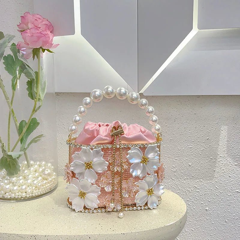 Hollow Out Metal Cage Handbag Women's Flower Clutch Purse Crystal Shiny Rhinestone Diamond Evening Bag Wedding Party