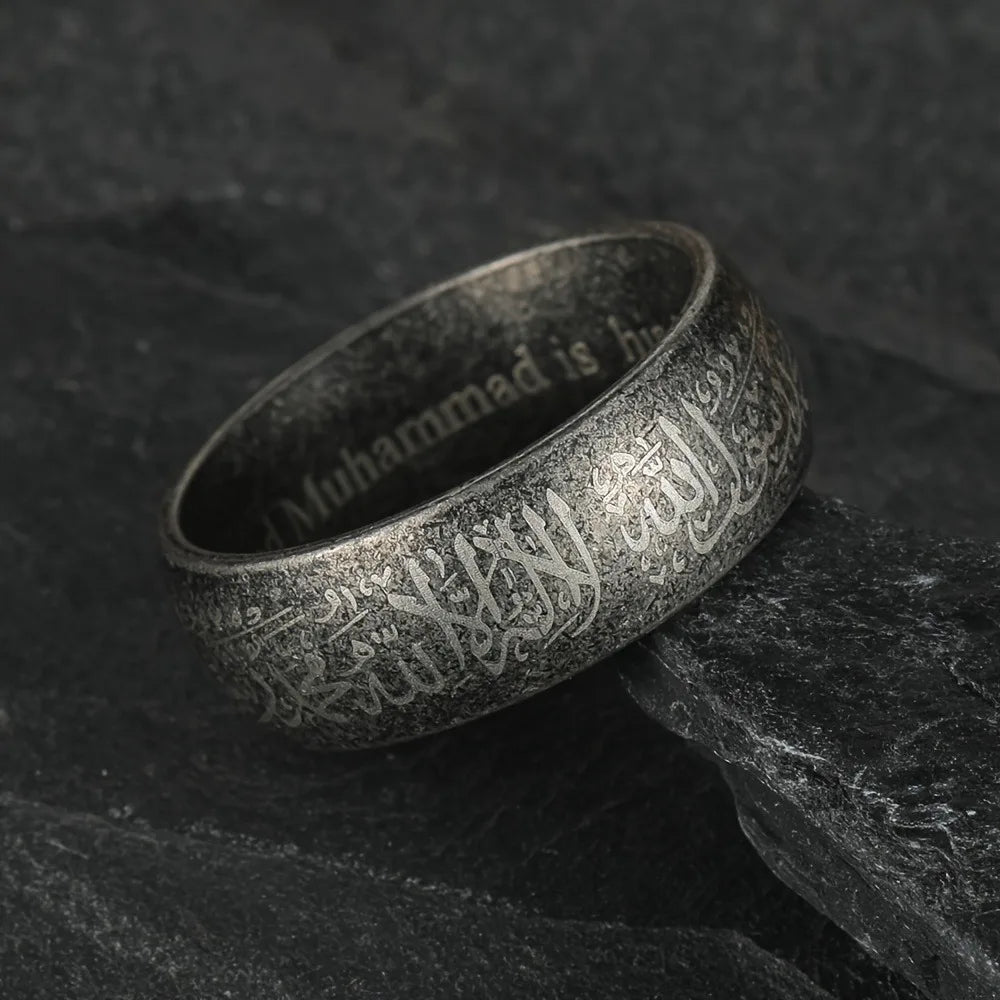 Vintage Arabic Islamic Scripture Words Rings For Men Women Stainless Steel Muslim Religious Prayer Ring Retro Amulet Jewelry
