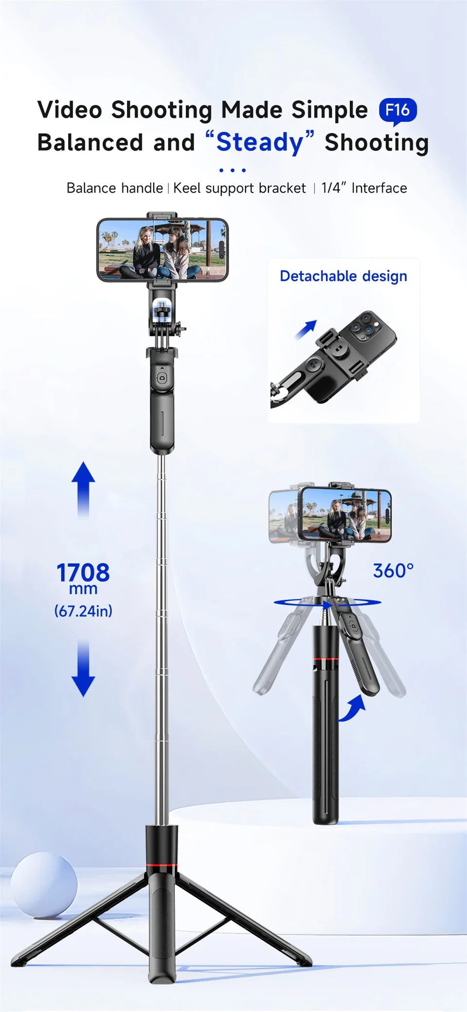 MEUYAG Selfie Stick Tripod with 1708mm Long Monopod Fill Light, Bluetooth Remote, 360° Rotation, 1/4 Interface, for mobile phone