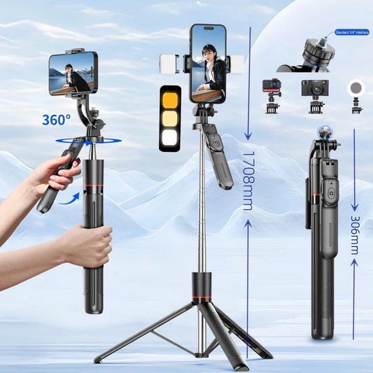 MEUYAG Selfie Stick Tripod with 1708mm Long Monopod Fill Light, Bluetooth Remote, 360° Rotation, 1/4 Interface, for mobile phone